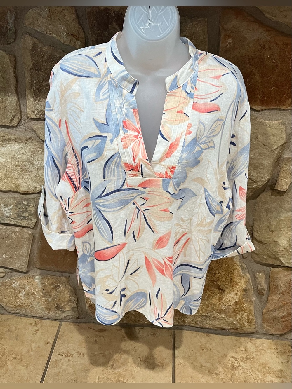 JM Collection Crisp Floral Linen Popover Blouse 12 Large Roll Tab Sleeves Vacay